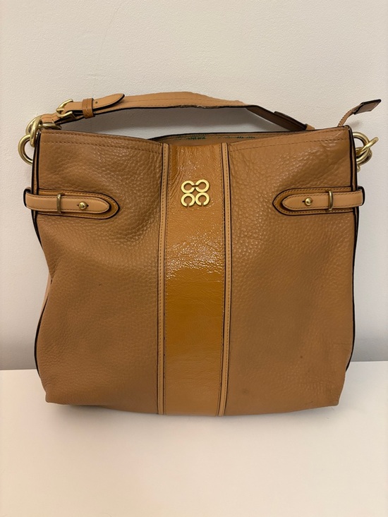 Coach Handbags - Coach Colette Tan Leather Shoulder Bag with Patent Center Stripe & Gold Hardware